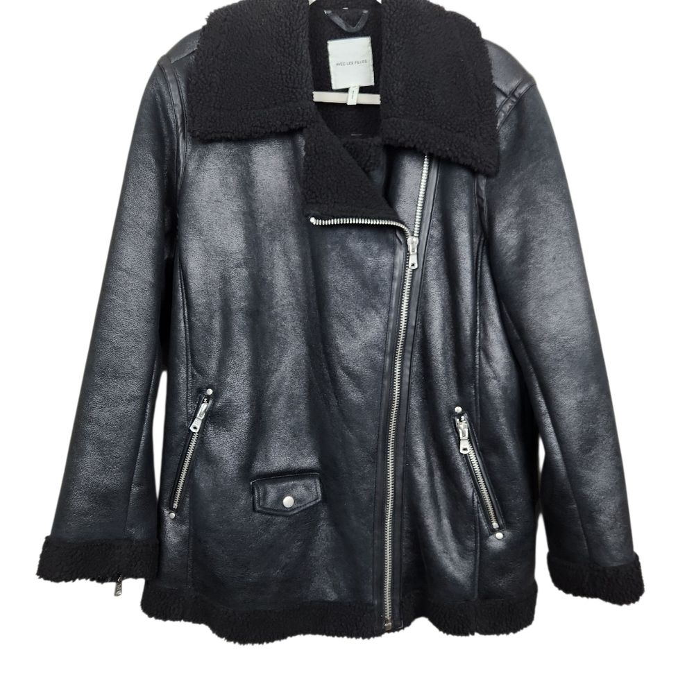 Avec Les Filles Black Faux Leather Sherpa Asymmetrical Moto Jacket Women Size 1X